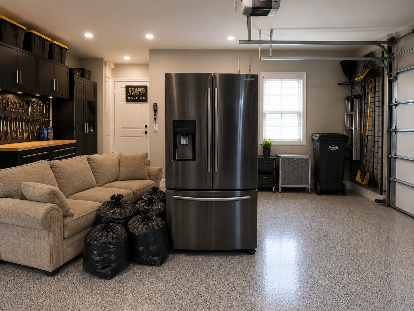 A black stainless refrigerator, couch and bagged junk cleared from an organized garage by LWP Hauling